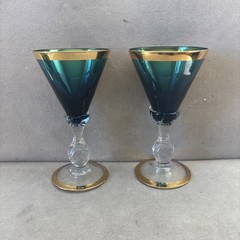 Murano Italy 24 KT Gold Cobalt Blue Venetian Glass Wine Goblet Set