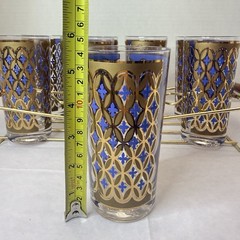 Vtg Set 8 Pasinski MCM Barware 22K Gold Blue Seville Highball Tumbler Glass Rack