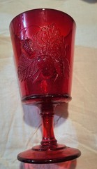 Red Glass Stemmed Goblet, Embossed Leaf & Berry Design, Unmarked