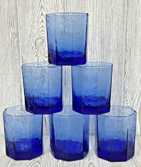 Libbey Facets Blue Old Fashioned Glasses Vintage Octagon Textured Set of 6 Retro