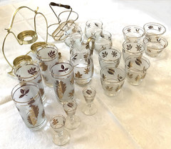 22 Pieces – Vintage Libby Frosted Golden Leaf Glass with Accessories