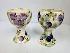 Studio Art Pottery Wine Goblet Chalice Cup Grape & Leaf Hand Painted Set of 2