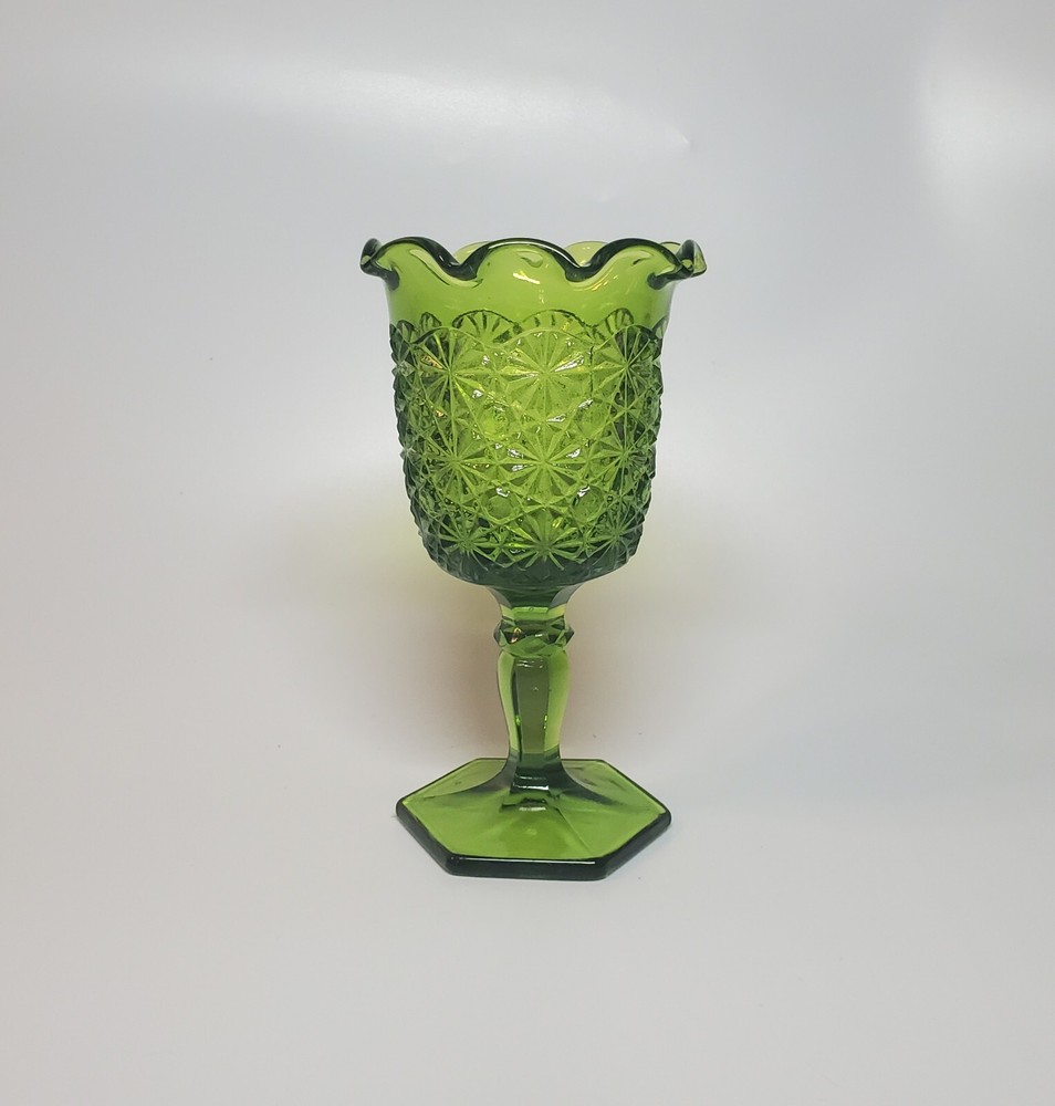 Vintage LE Smith Daisy And Button Olive Green Goblet Compote Ruffled #4651 Rare