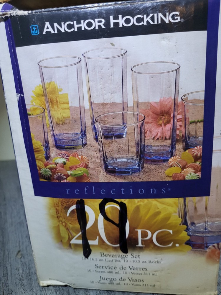 19pc Anchor Hocking REFLECTIONS 10 Panel Rib Blue GlassesTumblers & Rocks