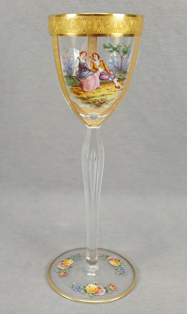 Myers Neffe / Lobmeyr Bohemian Enameled Watteau Scene & Gold Wine Glass A