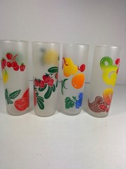 Vintage Federal Glass Frosted Fruit Highball Glasses Set of 4 Lemonade Tumblers
