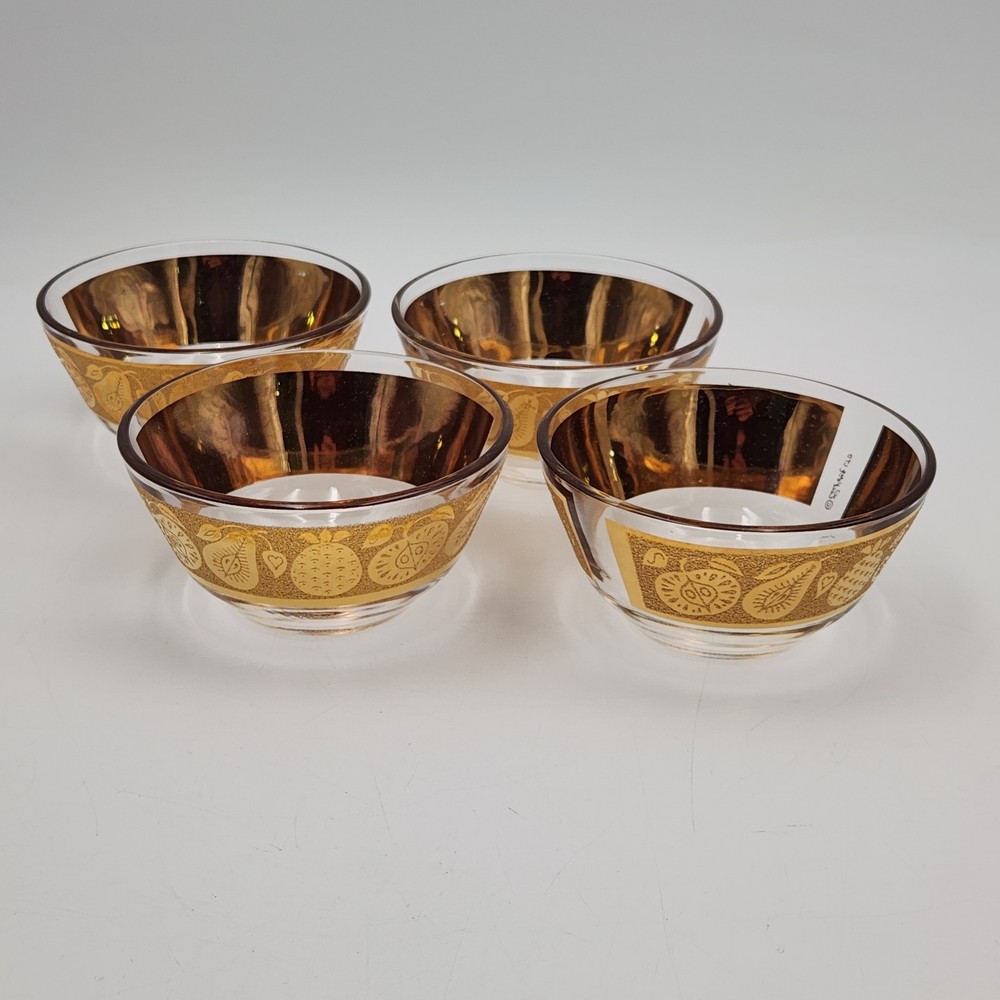 Vtg Set Of 4 Signed Culver 22k Gold Glass Fruit/Snack Bowls Florentine Pattern