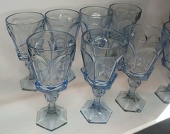 2 x Vintage Fostoria Pastel Pale Blue Wine Glasses Goblets Footed Pedestal