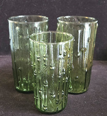 Tahiti Bamboo Avocado Green Glass Tumblers Lot of 3 10/ 12 Oz MCM Anchor Hocking