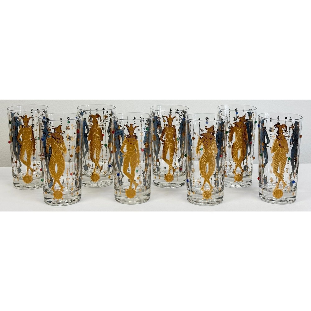 Vintage Culver Jeweled 22k Gold Mardi Gras Jester High Ball Glasses Set of 8