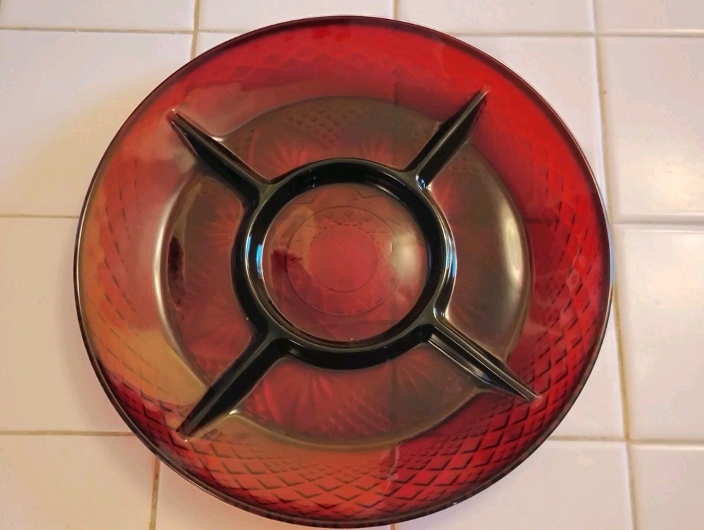 Cristal D’Arques Durand ~ RUBY RED ANTIQUE DIVIDED Serving PLATE 10-1/8″ France