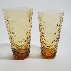 2 Vtg Anchor Hocking Lido Milano Amber Drinking Glasses Honey Gold 6.5″ & 6.75″