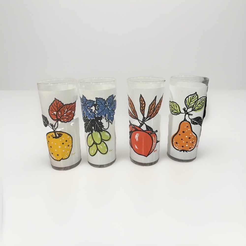 4 Vintage T. Elliot Mid Century High Ball Drinking Glasses Fruit Design Frosted