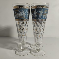 Vintage Greek Scene Etruscan Frieze Glasses by Cera Blue & Gold & White Set of 4