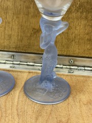 Set (2) Vintage Art Deco Aderia Nude Mermaid Wine Glass 8.25″ Blue Frosted Stem