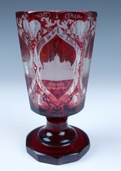 V Rare 19th C. American Scenes Bohemian Engraved Ruby Glass Goblet Washington NY