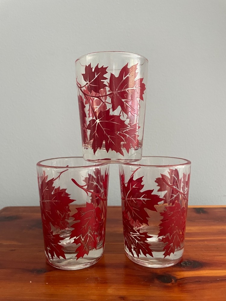 Hazel Atlas Red Maple Leaf Leaves Juice Cocktail Glass Set of 3 3″ Tall