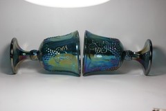 Vintage Blue Iridescent Carnival Glass 2 Goblets Set Harvest Grape Indiana 1970s