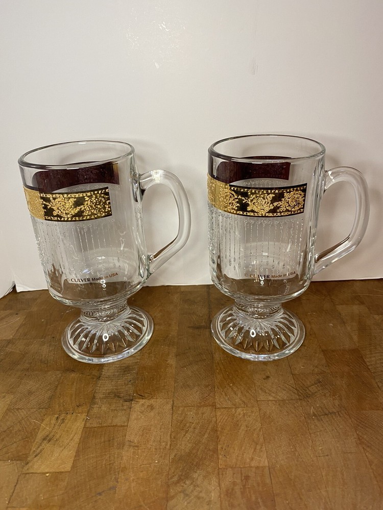 2 Culver Tyrol STARLYTE Pedestal Mugs w/Ornate 22K Gold Bands Ribbed Icicle Rare
