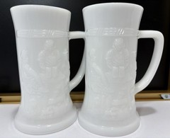 Federal Glass Moonglow White Iridescent Milk Glass Tavern Scene Beer Stein 2 PC