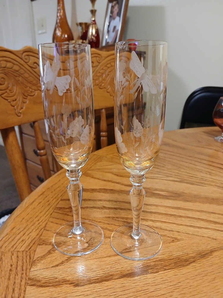 Vintage Pair Lot of 2 Etched Flowers Dragonfly Champagne Glasses Orange