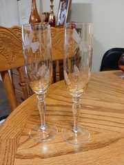 Vintage Pair Lot of 2 Etched Flowers Dragonfly Champagne Glasses Orange