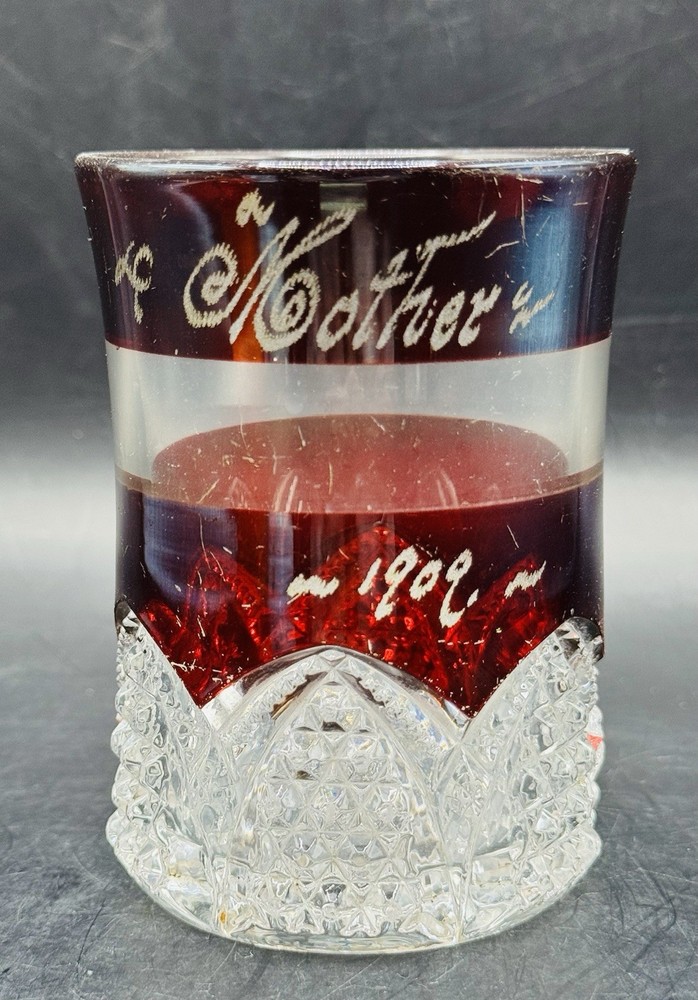 Antique 1909 EAPG Ruby Stained Glass Tumbler «Mother» Collectible Cup 4.5″