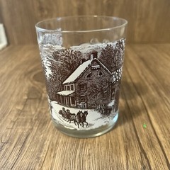 Currier and Ives Brown Double Old Fashioned Glass Old Homestead Winter Vintage