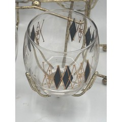 Vintage MCM Federal Glass Harlequin Black Diamond Roly Poly Glasses Caddy Set