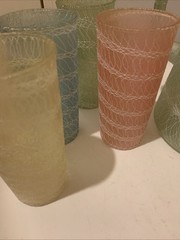 VTG MCM Glass Spaghetti String Bar Set Pitcher & 8 Tumblers Multicolor
