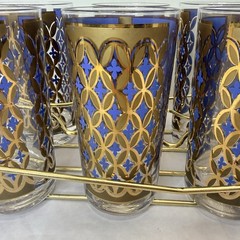 Vtg Set 8 Pasinski MCM Barware 22K Gold Blue Seville Highball Tumbler Glass Rack