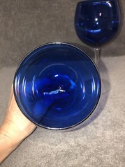 Set Of Two Beautiful Cobalt Blue Wine Glasses With Clear Stems 8 1/2” Tall