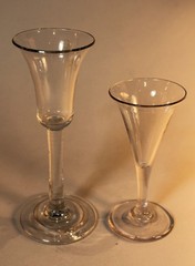 18th c. Handblown Wine Glasses:1 Drawn Trumpet Cordial, 1 Toasting Glass c. 1755