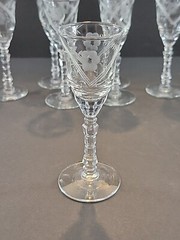 Set of 7 Gray Cut Etched Floral Crystal Cordial Glasses Ornate Cut Stem 5″