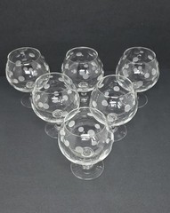 6 Vintage Etched Crystal Frosted Dot Polka-Dot Brandy Sniffer Whiskey Glasses