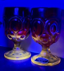 Pair Vtg LE Smith Moon & Star Amberina Water Wine Goblets Glasses CADMIUM GLOW