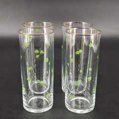 Shamrocks Tom Collins Glasses Worn Gold on Rim Trim Set of 4 Vtg