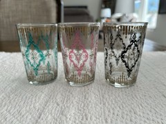 3 Vintage MCM Teal, Pink, Black Gold 6oz Embossed Juice Glass 4 Inch Moroccan