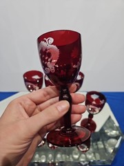 (5) WINE glasses Goblets 5″, bohemian Ruby red flashed & engraved cut to clear