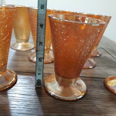 Vtg Set of 8 Carnival Glass Tumblers Marigold Orange Crackled Footed Juice Glass