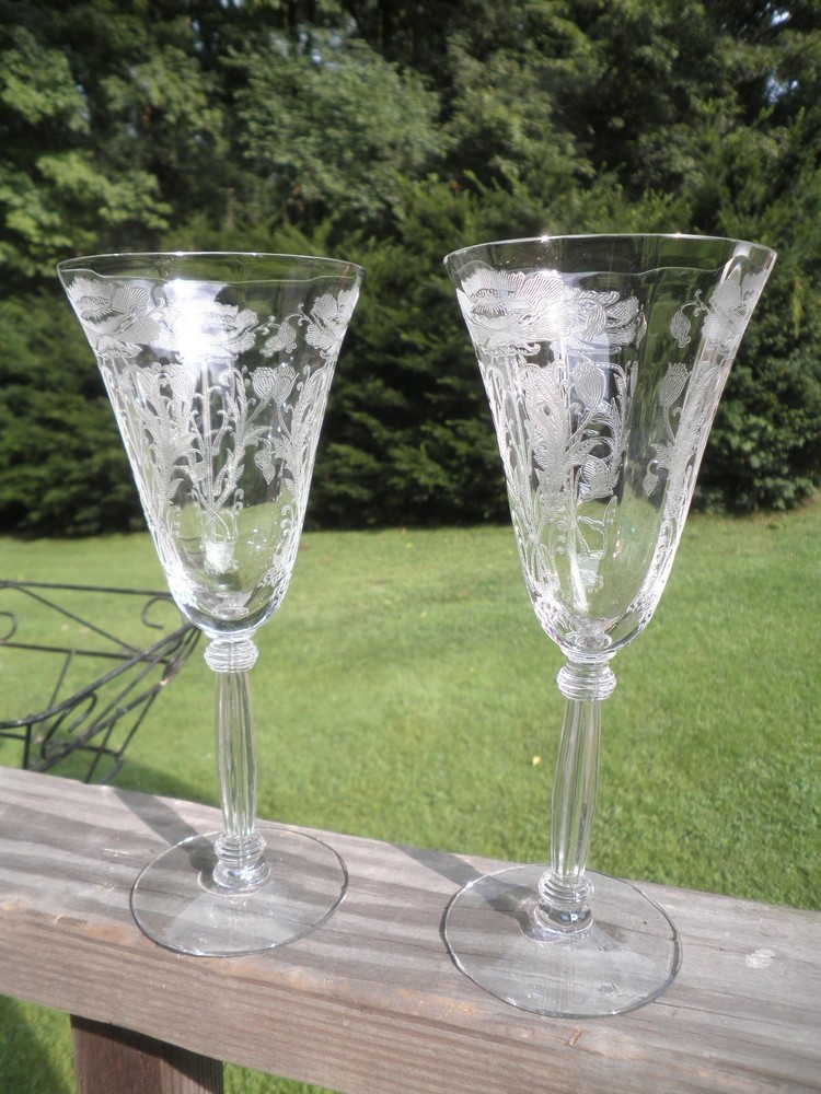 2 Tiffin Flanders Poppy Etch 8 1/4″ Crystal Water Goblets Fluted Stem 1927-1935