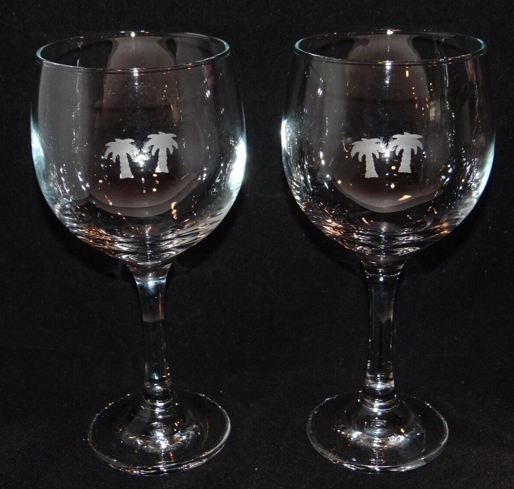 Double Palm Tree Etched Glass WINE Cordial Goblet Stemmed SET OF 2