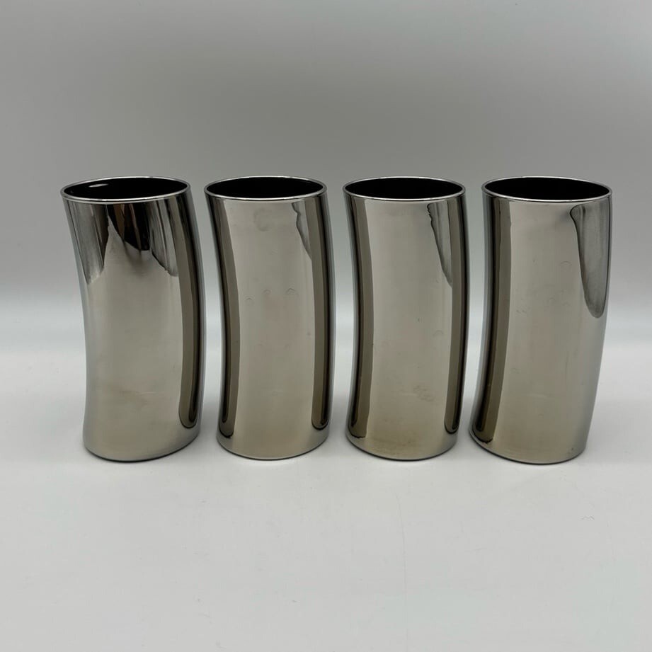Vintage MCM Leonardo (?) Germany Chrome Mirror Curved Highball Tumbler Glass Set