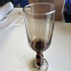 Brown Glass Goblet with Ornate Wood and Metal Stem, Decorative Round Design