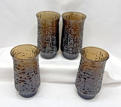Vintage Smoke Brown Bark Textured Juice Glasses Set of 4 MCM Flared Tumbler 5.5”