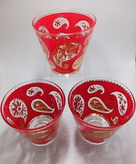 Rare Vintage MCM Culver Red Gold Paisley Old Fashioned Cocktail Glasses Set of 3