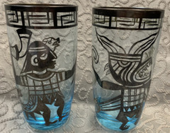 Mayan/Aztec Design 12 oz. Highball w/Tarnished Silver Overlay Blue Bottom