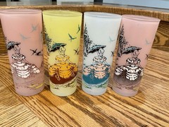 Vintage Lot of 4 – 1950’s Lady w/ Parasol Tall Frosted Drinking Glasses
