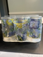 Blue Green Yellow Flowers Floral Drinking Glasses Set of 6 Vtg