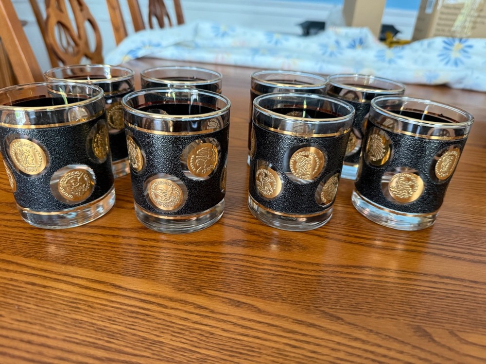8 Vintage Libbey 22k Gold & Black Coin Barware Glasses Hollywood Regency